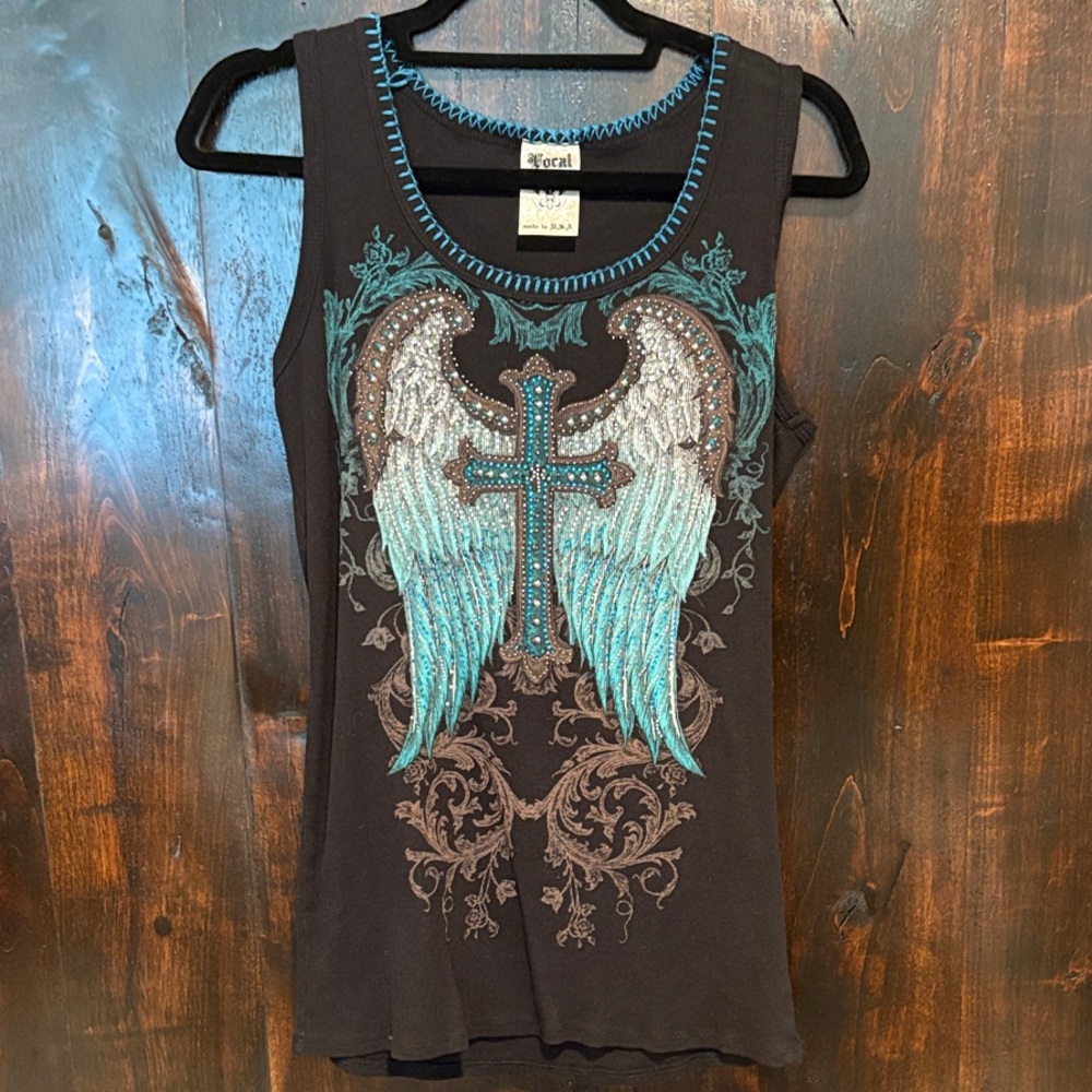 Vocal Black and Teal Winged Cross Tank Top